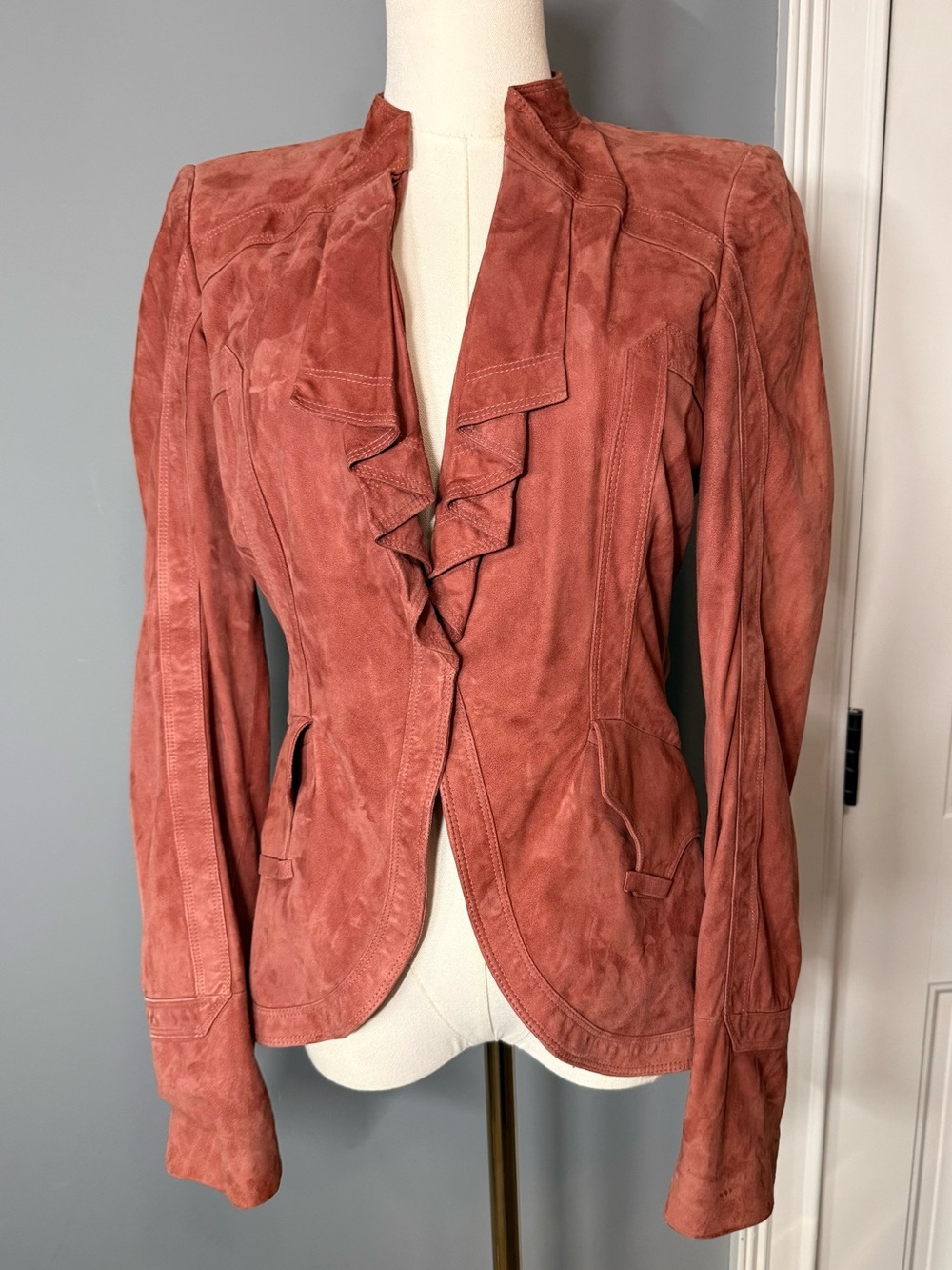 Gucci Leather Ruffle-Front Jacket